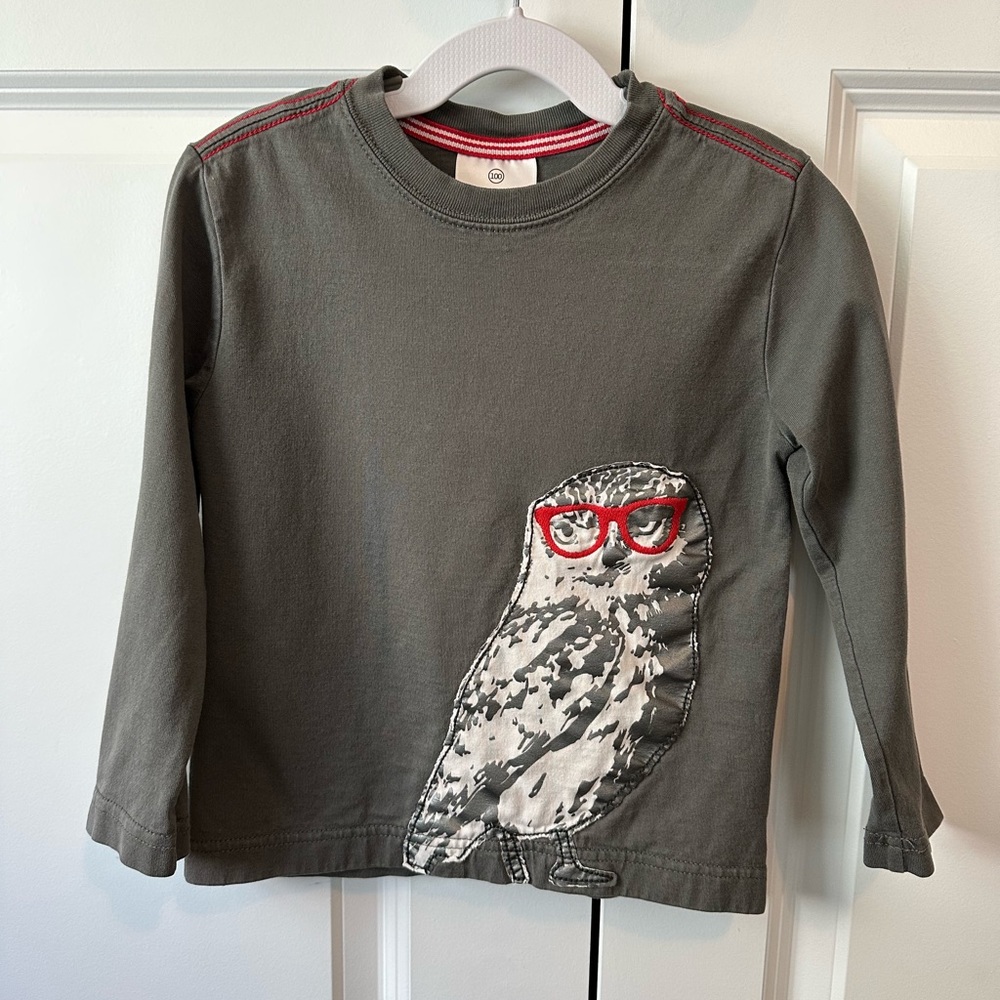 Hanna Andersson Boys Owl Appliqué w/ Glasses Long Sleeve Shirt (Size 100/4)